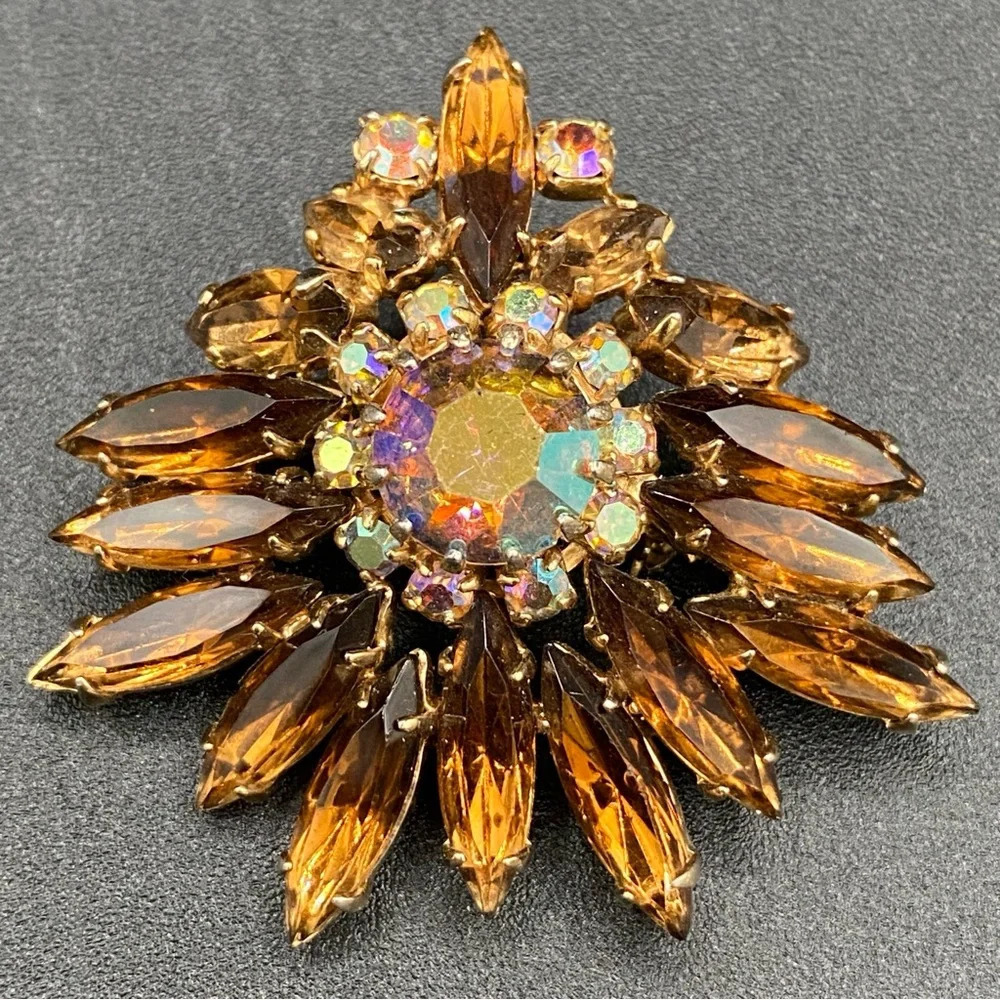 Vintage Navette Amber and Brown AB Rhinestone Brooch - Old Hollywood Style